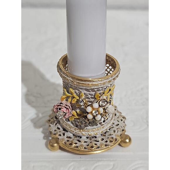 Vintage Filigree Lipstick Holder Floral Rhinestone Vanity Decor Coquette - Picture 3 of 8